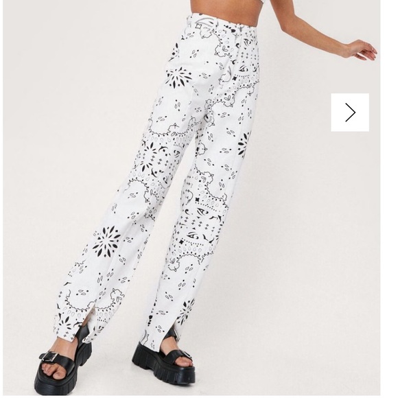 Bandana Print Split Hem Straight Leg Jeans - Picture 1 of 3
